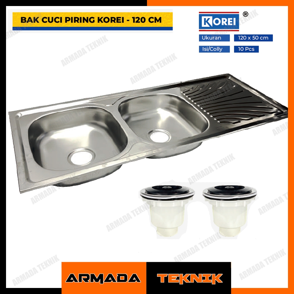 KOREI Bak Cuci Piring Stainless120 cm – Double Bowl + Drainer | Wastafel Dapur 2 Lubang 120x50 cm