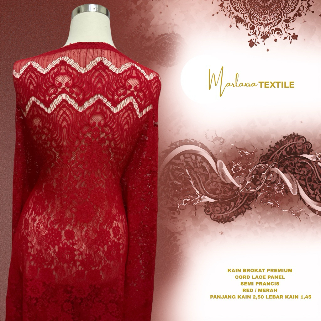 KAIN BROKAT PREMIUM WARNA MERAH | CORD LACE PANEL SEMI PRANCIS RED COLOUR | RED | MERAH | KAIN KEBAY