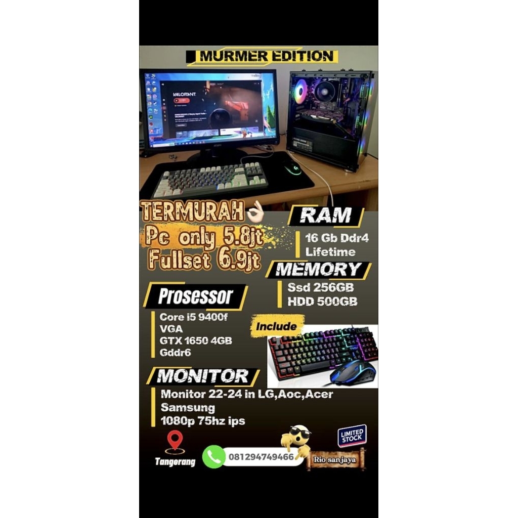 TERMURAH PC Fullset Pc Rakitan Editing Pc Murah core i5 9400f 3.70Ghz Ram 16GB Gtx 1650 4GB Gddr6 no