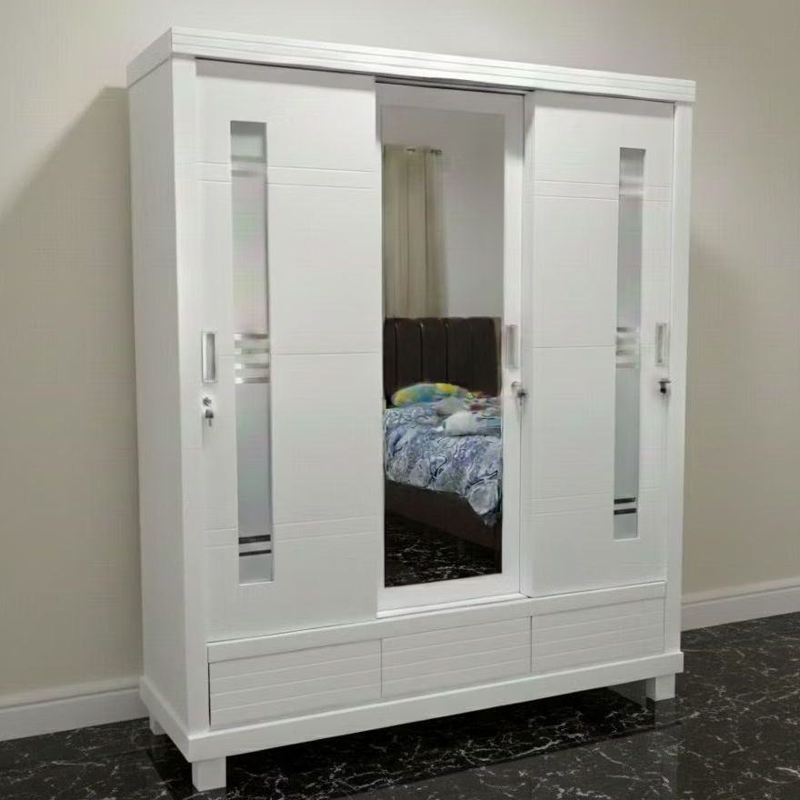 Lemari pakaian 3 pintu pintu geser lemari kayu playwood cat Duco putih glossy