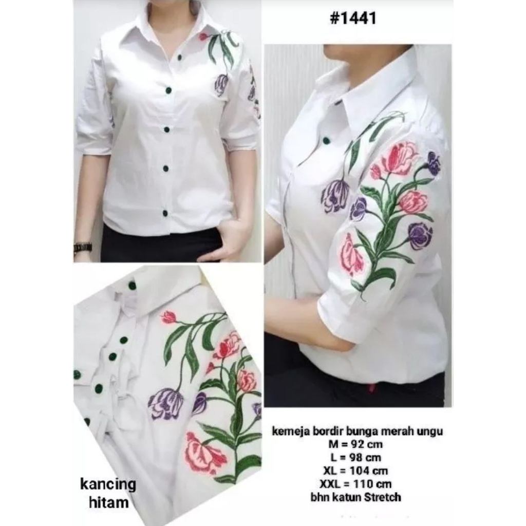 NESS G SHOP - ATASAN KEMEJA PUTIH WANITA MOTIF BUNGA KEMEJA KATUN ADEM CASUAL FORMAL