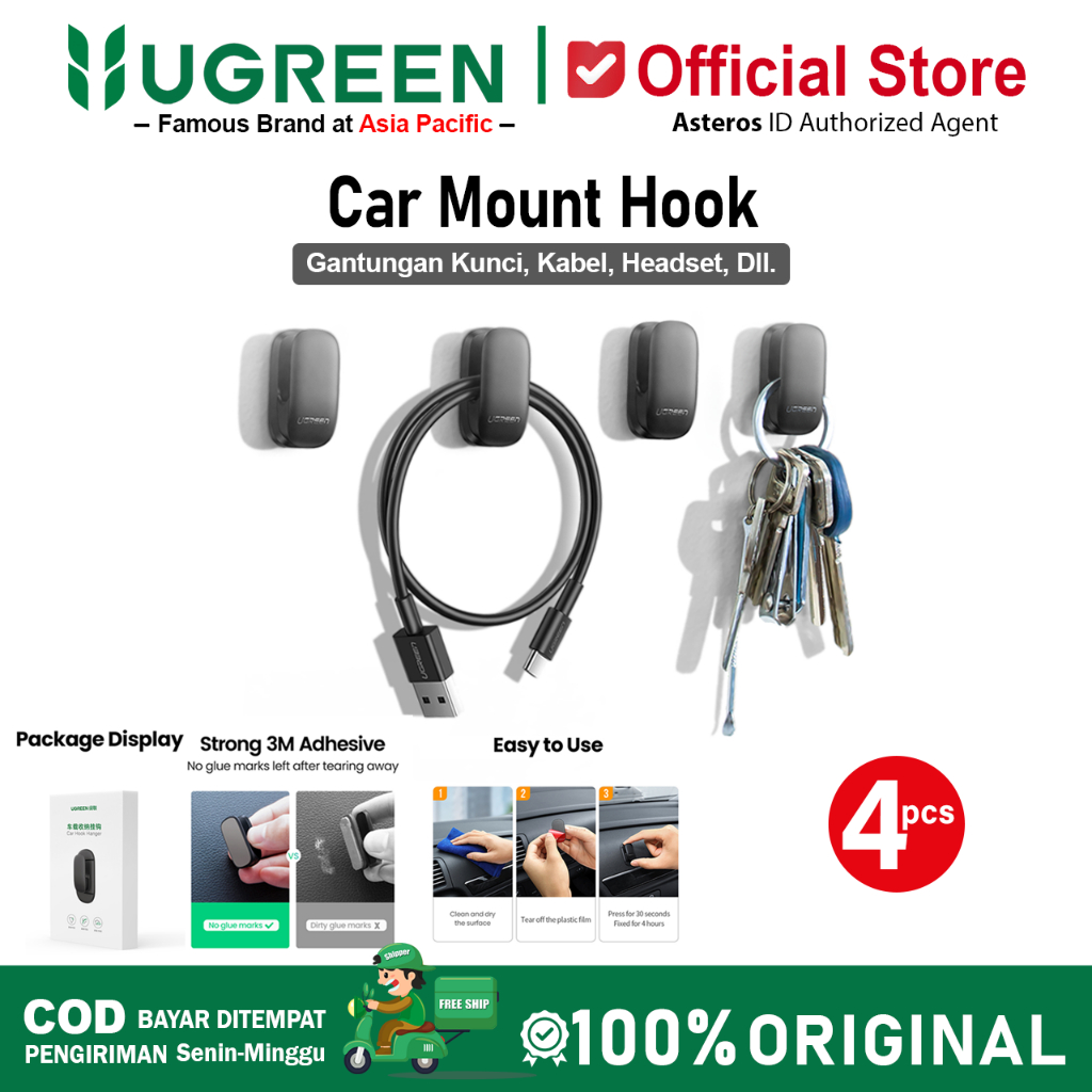 UGREEN Hook Klip Gantungan Kunci, Kabel, Multifungsi Untuk Dasboard Mobil, Tembok, Meja dll 80199