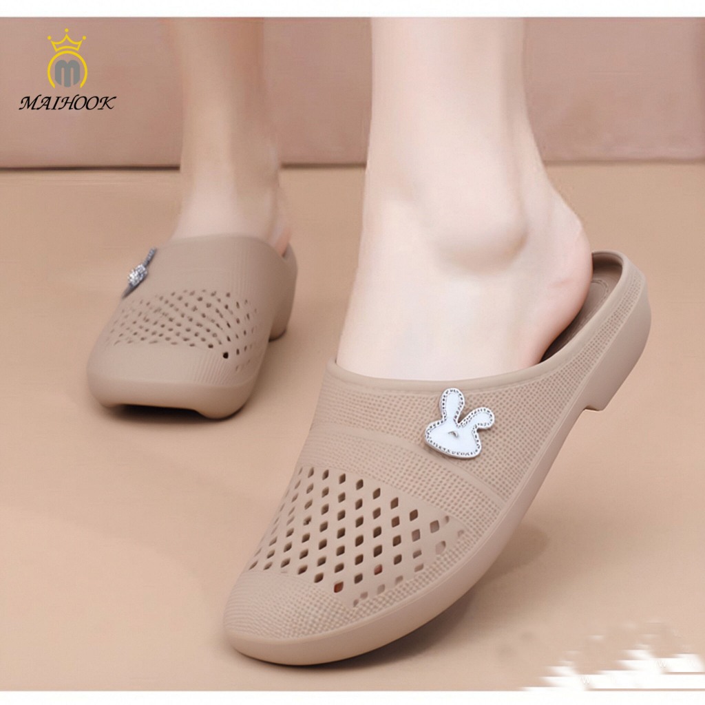 MAIHOOK Sandal Slop Anti Slip Sendal Karet Sandal Flat Jaring Jaring Wanita Terbaru 36-41