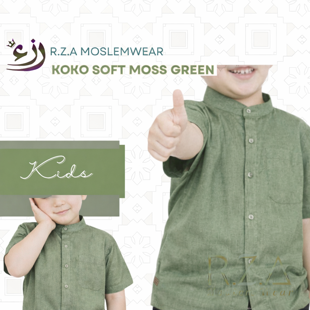 Kemeja Koko Soft Green Couple Ayah Anak RZA MW Raya Lebaran  Bayi Jumbo Dewasa Panjang Pendek army O