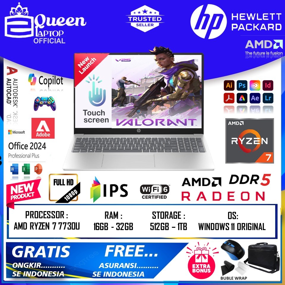 Laptop Touchscreen HP 15 AMD RYZEN 7 7730U  Ryzen 5 7520U Ram 32gb 1TB FHD IPS original terlaris