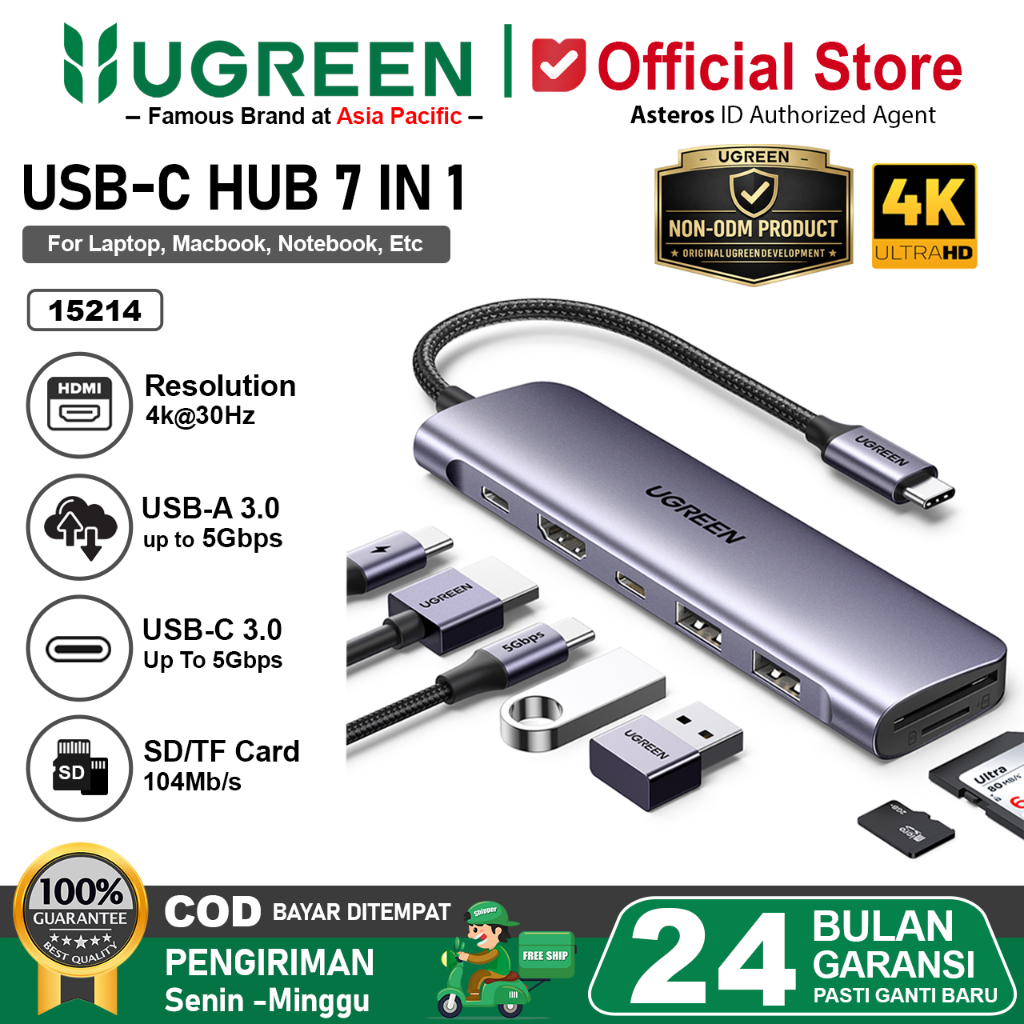 UGREEN USB C Hub 7 in 1 USB 3.0 HDMI SD TF Card 4K 30Hz Display 15214