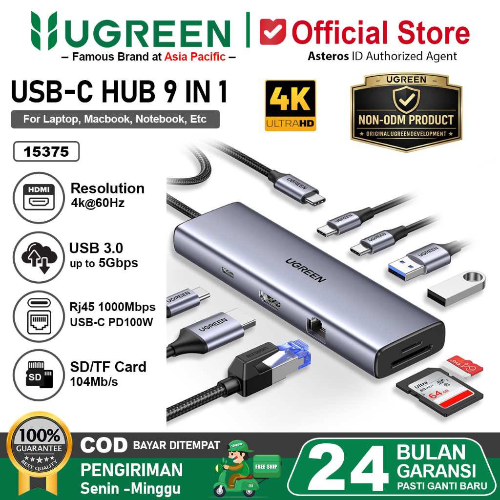 UGREEN Hub 9IN1 USB Type C to Rj45 HDMI 4K 60Hz USB 3.0 PD 100W SD TF Card 15375