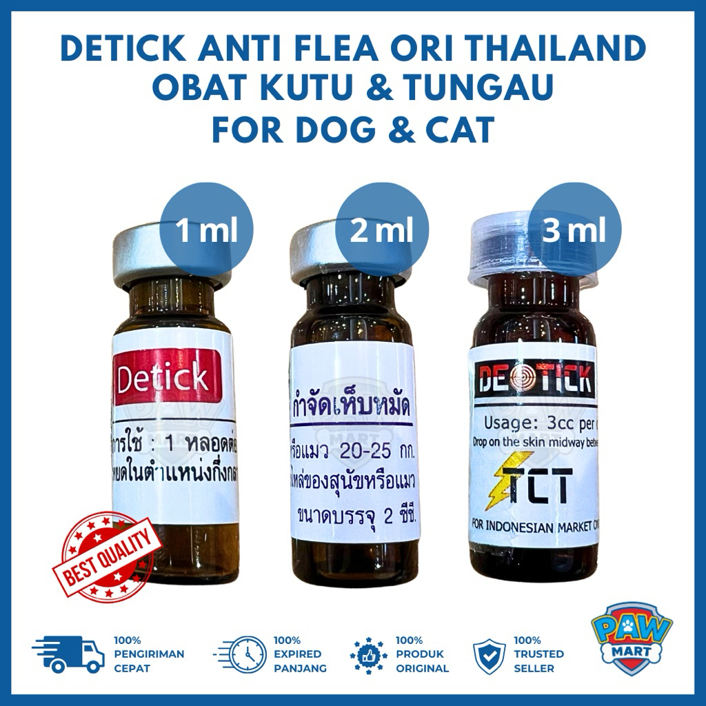 Detick Anti Flea Dog & Cat (1ml / 2ml / 3ml) – Obat Kutu Tetes Anjing Kucing Original Asli TCT Thail