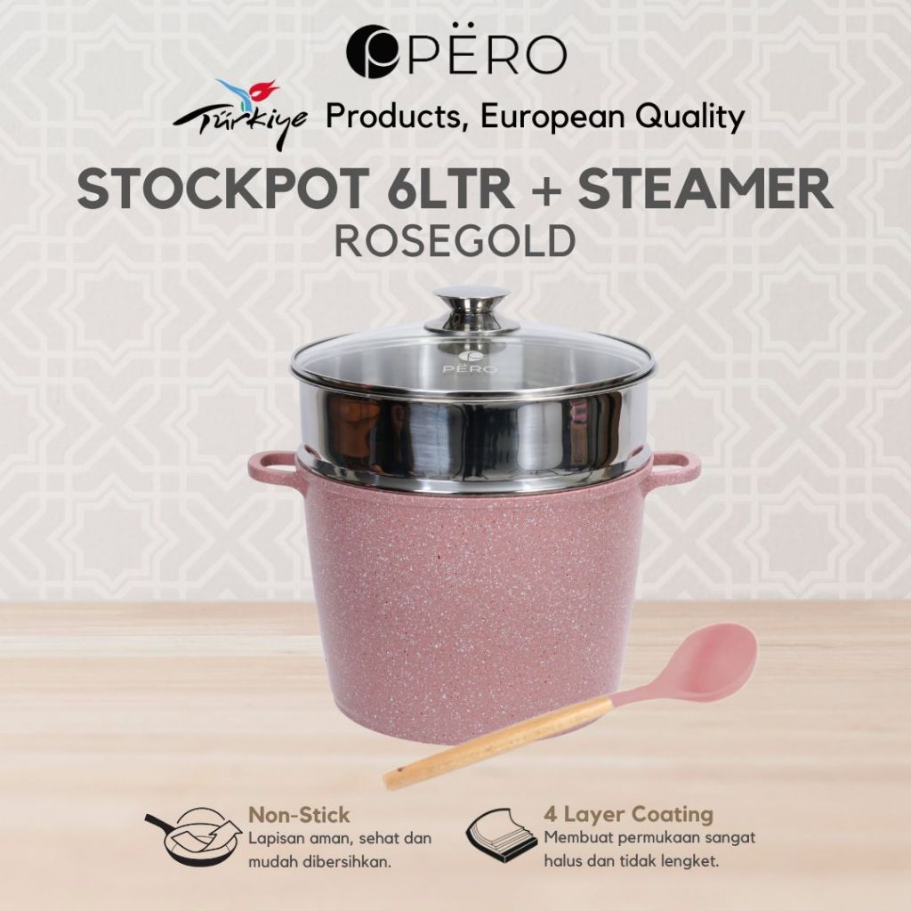 Pero Stock Pot Panci Gentong 24cm with Steamer Stainless / Panci Granite Anti Lengket / Panci Granit