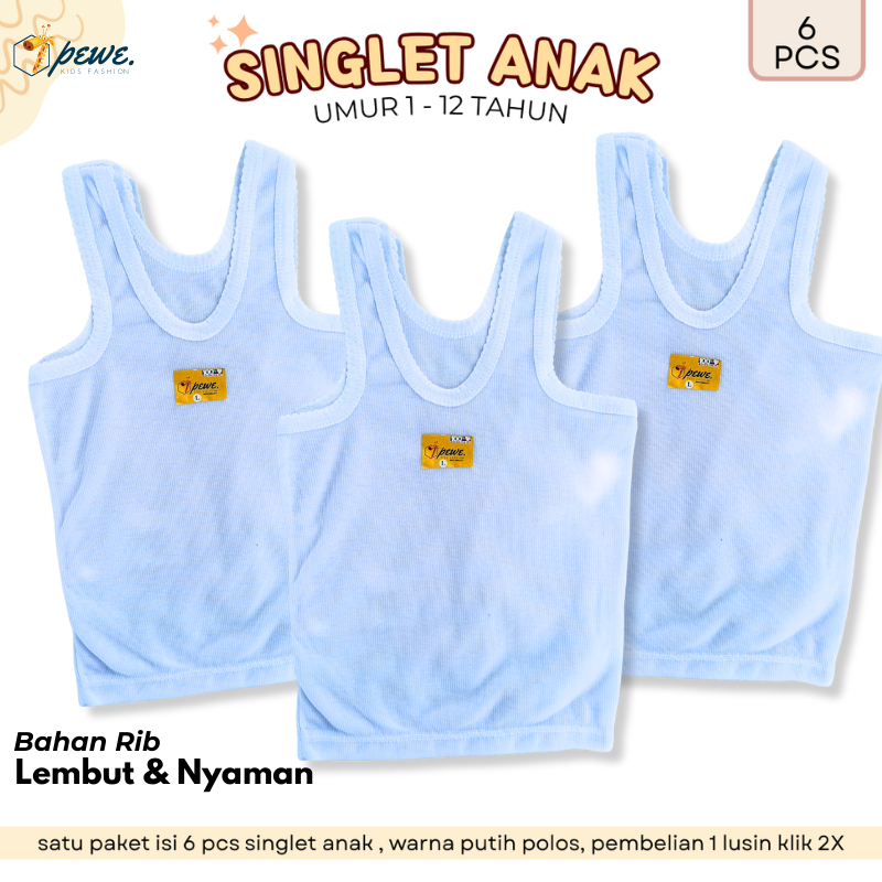 12 PCS kaos singlet anak perempuan 6 pcs - kaos dalam unisex cewek/cowok umur 5-13 tahun - kaos sing