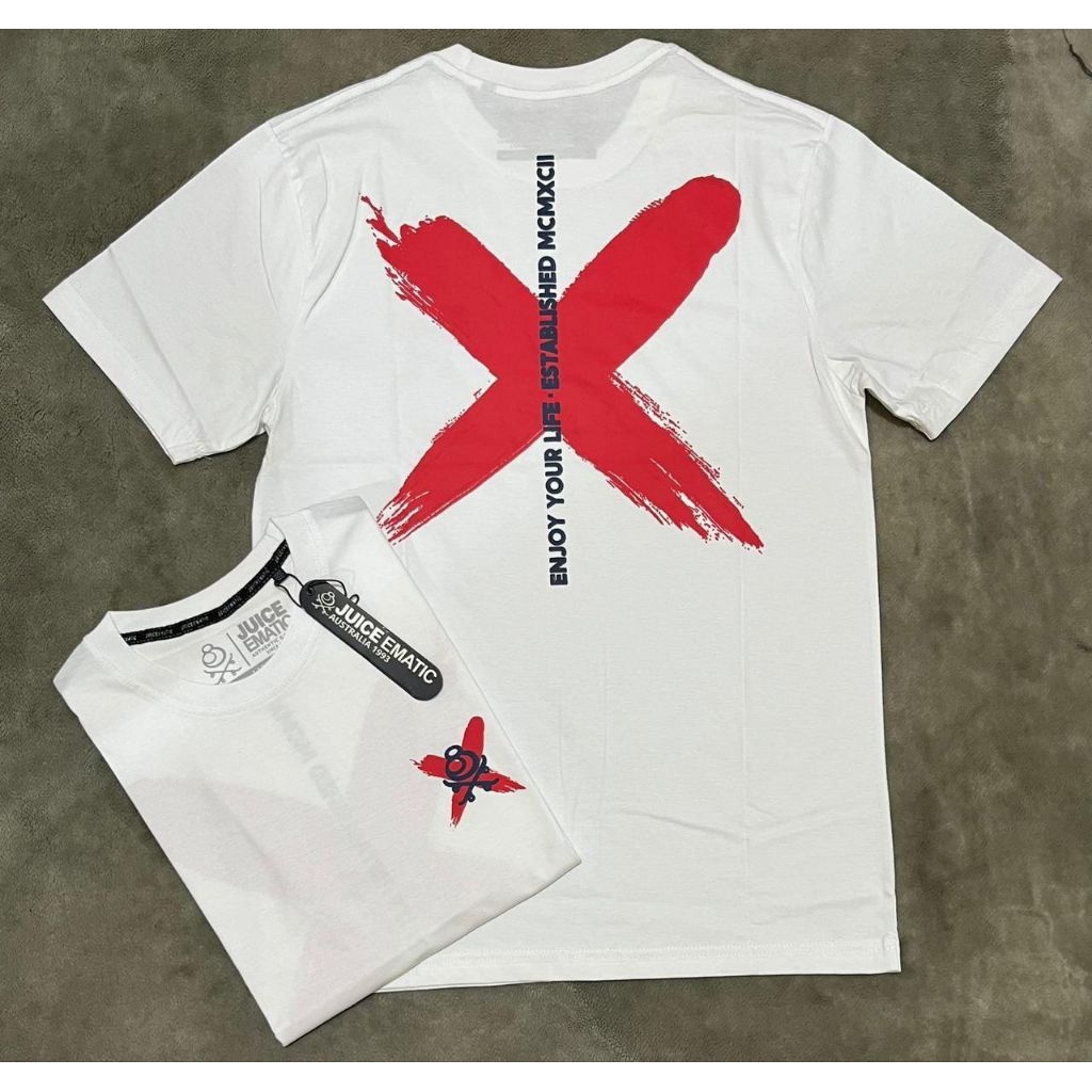 Juice Ematic Kaos premium 24s Putih dengan Desain X Merah dan Tulisan Enjoy Your Life Established MC