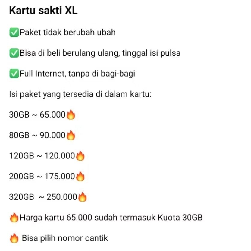 Kartu XL Sakti 30GB 65ribu FULL INTERNET, bisa di beli tiap bulan dengan harga dan kuota yang sama