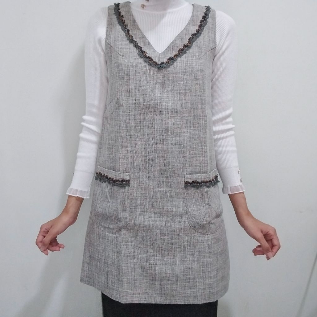 Preloved Bekas Second Vest Panjang Abu abu Vintage | Rompi Panjang Boxy Baju Luaran Grey Outer Canti
