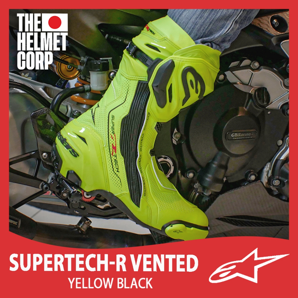 SEPATU ALPINESTARS SUPERTECH-R YELLOW BLACK RACE SHOES ORIGINAL TRACKDAY SHOES ALPINESTAR