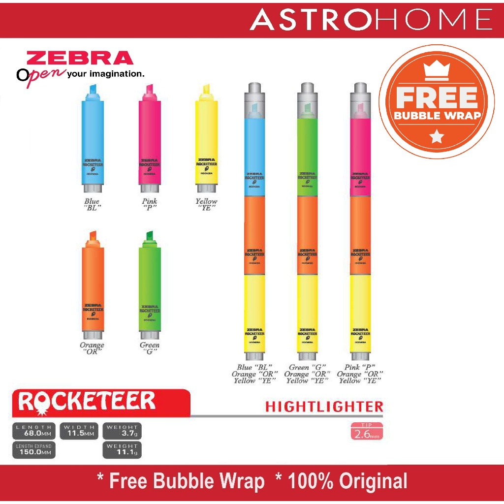 Zebra Rocketeer Spidol Marker Pen Penanda Warna Highlighter 3 Warna Neon Pink Orange Yellow Green Or