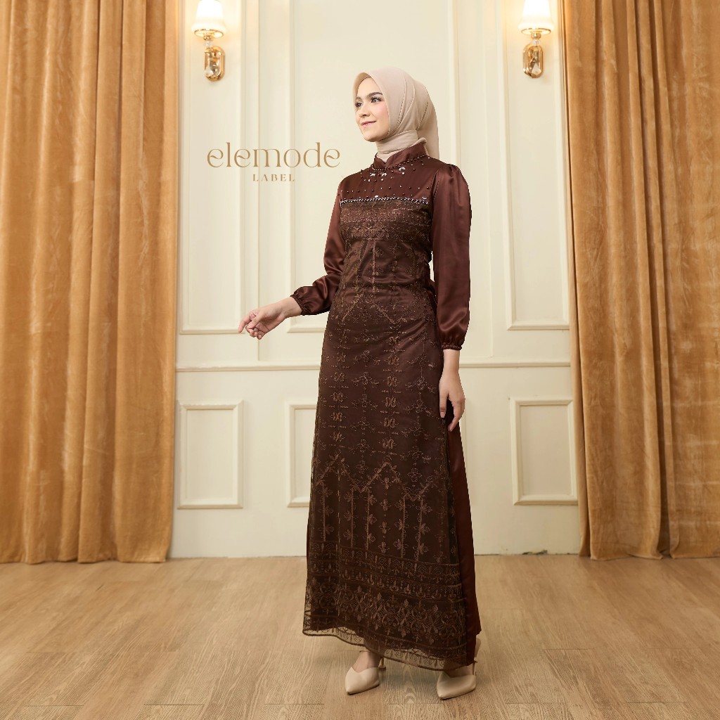 Manda Dress Kondangan Gamis Lebaran Brokat Payet Tille Satin Velvet Mahogany Burgundy Model Aline