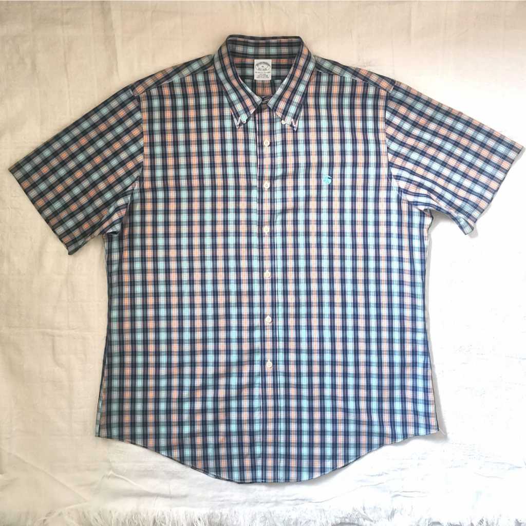Kemeja Lengan Pendek Brooks Brothers Biru Oranye Kotak-kotak XL Preloved