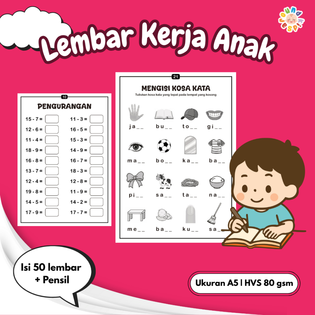 50 Halaman Worksheet Anak TK SD Bonus Pensil 2B/ Lembar Kerja Aktivitas Menulis Membaca & Menghitung