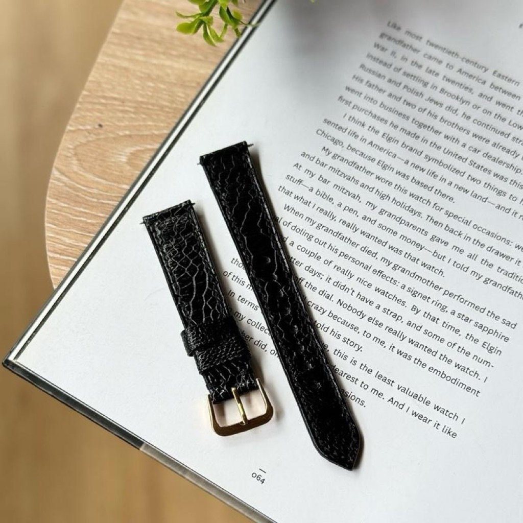 Tali jam tangan ostrich 18 mm non padded tipis. Black osrich strap