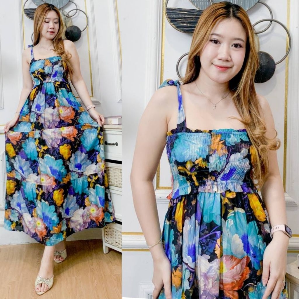 daster bali panjang kerut tali pundak isabel