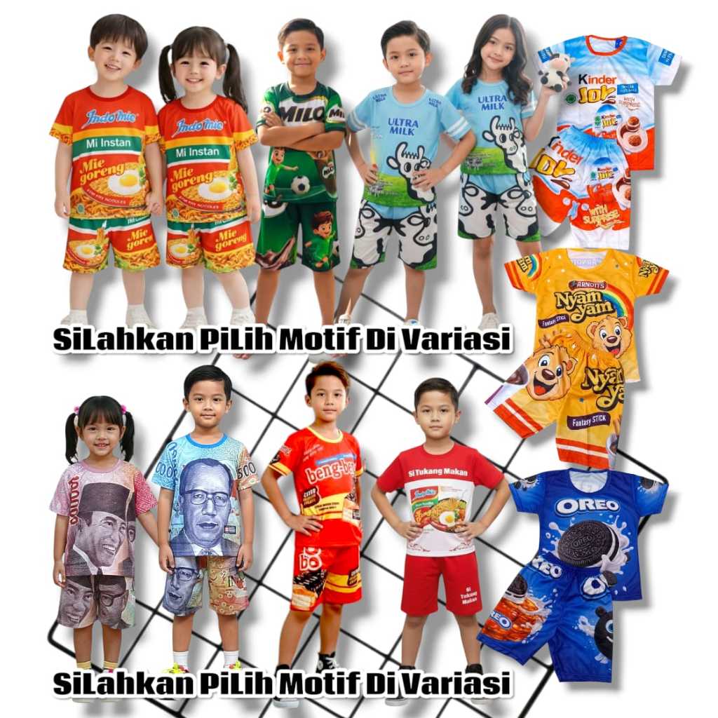 SETELAN BAJU ANAK VIRAL MOTIF MIE GORENG , MAKANAN BISKUIT MINUMAN SUSU UNTUK USIA 1-10 THN ,DAN BAN