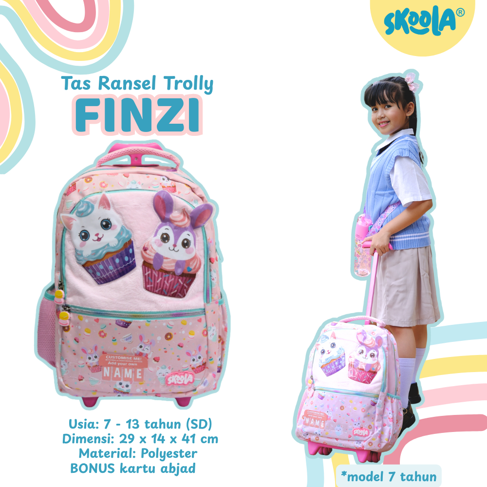 Skoola Tas Anak Trolly Sekolah SD Perempuan Custome Name 3D - Trolly Finzi Yozi