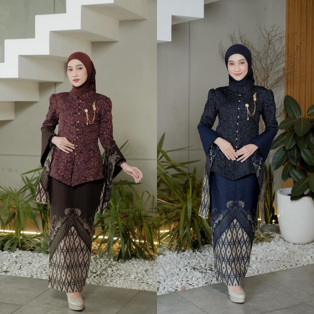 NLKM BATIK Set Kebaya Modern Asmita Kutu baru Jumbo Navy MAHOGANY