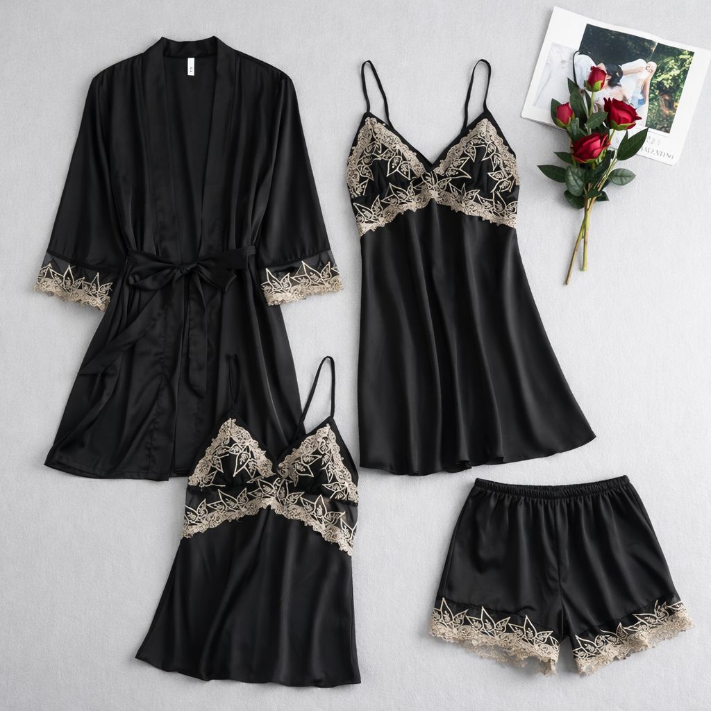 Piyama Wanita Silk Sutra 4in1 Set Kimono Lingerie Premium - Baju Tidur Wanita