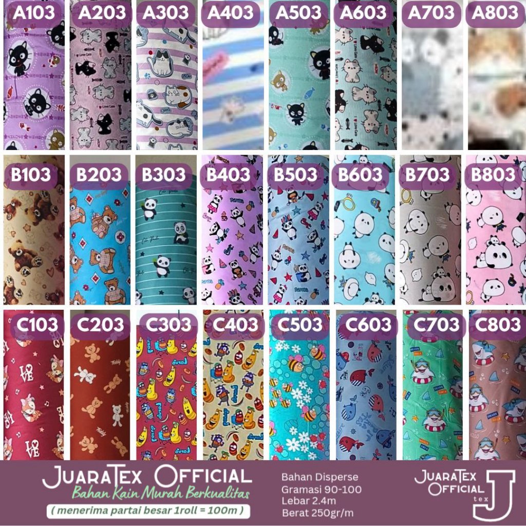 JuaraTex : Kain Katun Meteran Karakter Anak Baju Piyama Sprei Microtex (GROSIR 03)