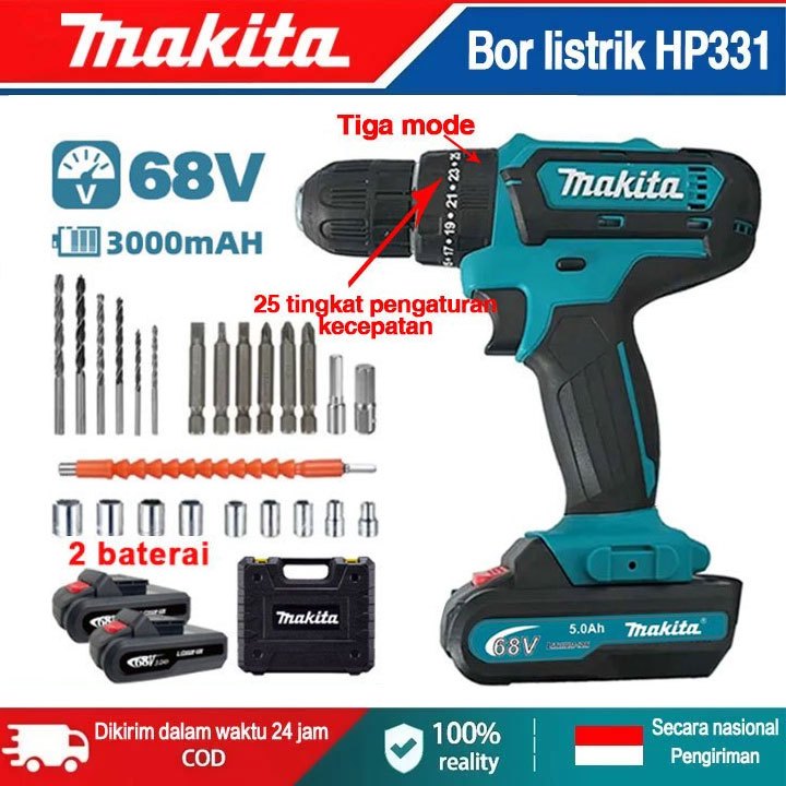 Bor Listrik Makita HP331 Obeng Bor Impact Set Alat Bor Rumah Tangga Multifungsi