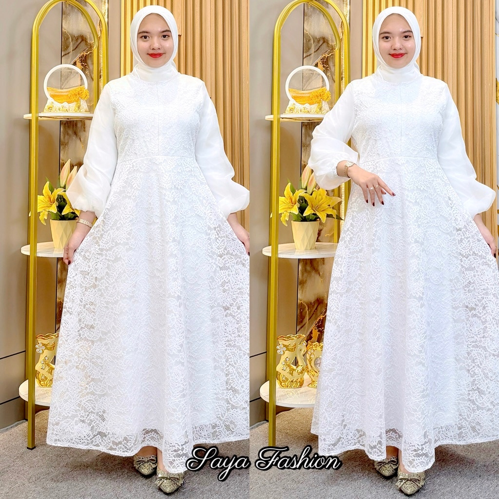 Gamis Putih Busui Brukat Organza Polos Baju Muslim Lebaran 75611