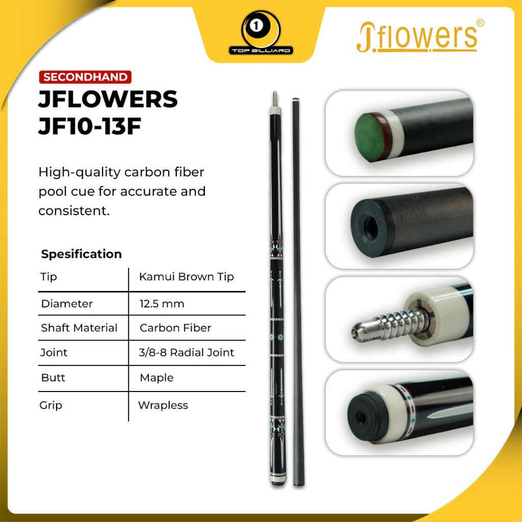 Stik Play JFlowers JF10-13F Carbon Shaft 12.5mm Cue Billiard Play Free Tas 1x1 - Second