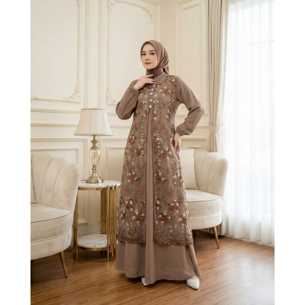 Syifa Dress Coklat Mahogany / Gamis Lebaran / Seragaman Pesta / Gamis Modern / Gamis Kondangan / Gam