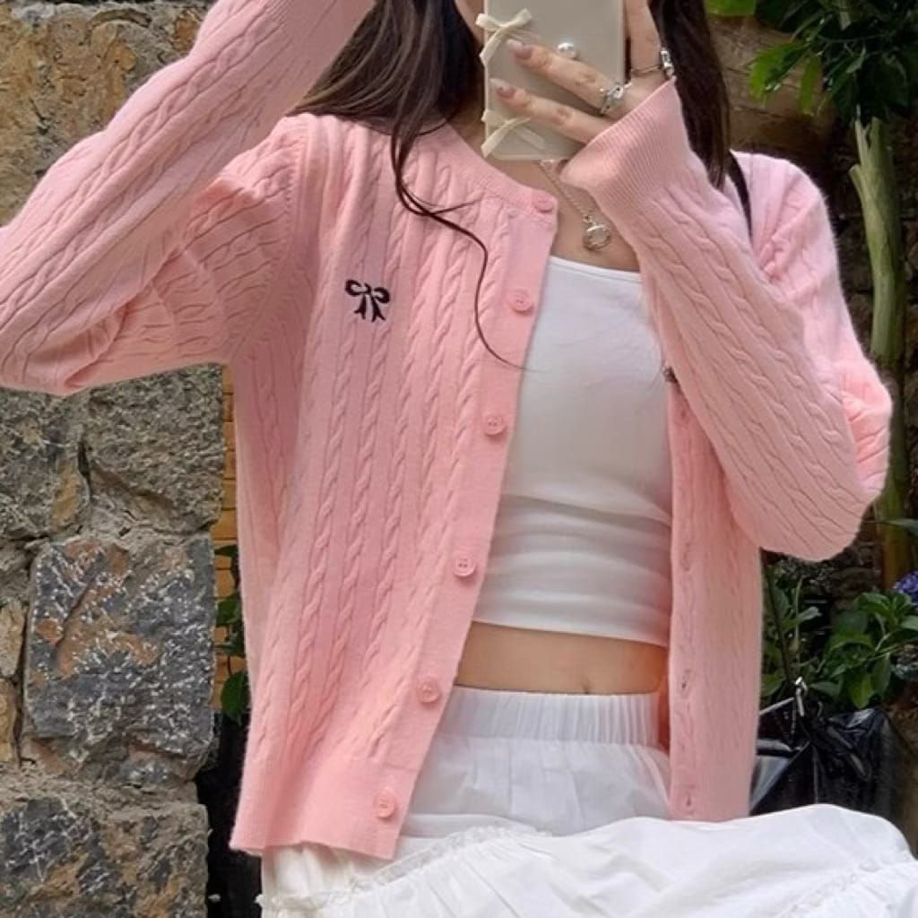 Cardigan Rajut Kepang Pita - Knitwear Premium Impor | Atasan Wanita Rajut