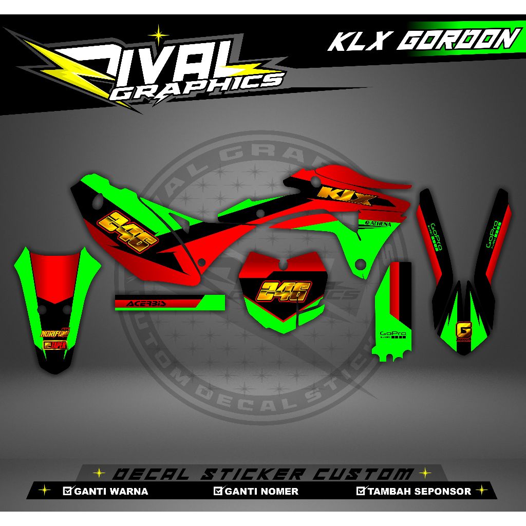DECAL KLX GORDON GTX KLX GORDON BISA CUSTOM DESAIGN NAMA, NONOR, SPONSOR, WARNA (2)