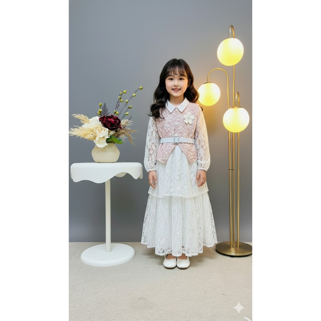 Gamis Lebaran Anak Rompi Fukuro Motif Mix Brukat  + Belt Cantik Baju Lebaran Anak Perempuan Usia 3 -
