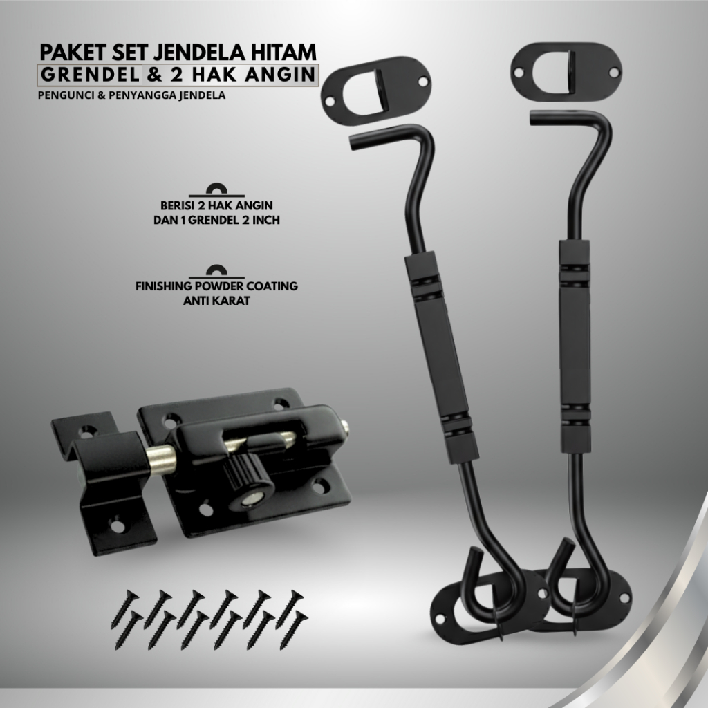 Paket Perlengkapan Jendela Kayu Alumunium Satu set Slot Kunci Hak Angin Warna Hitam Silver Chrome