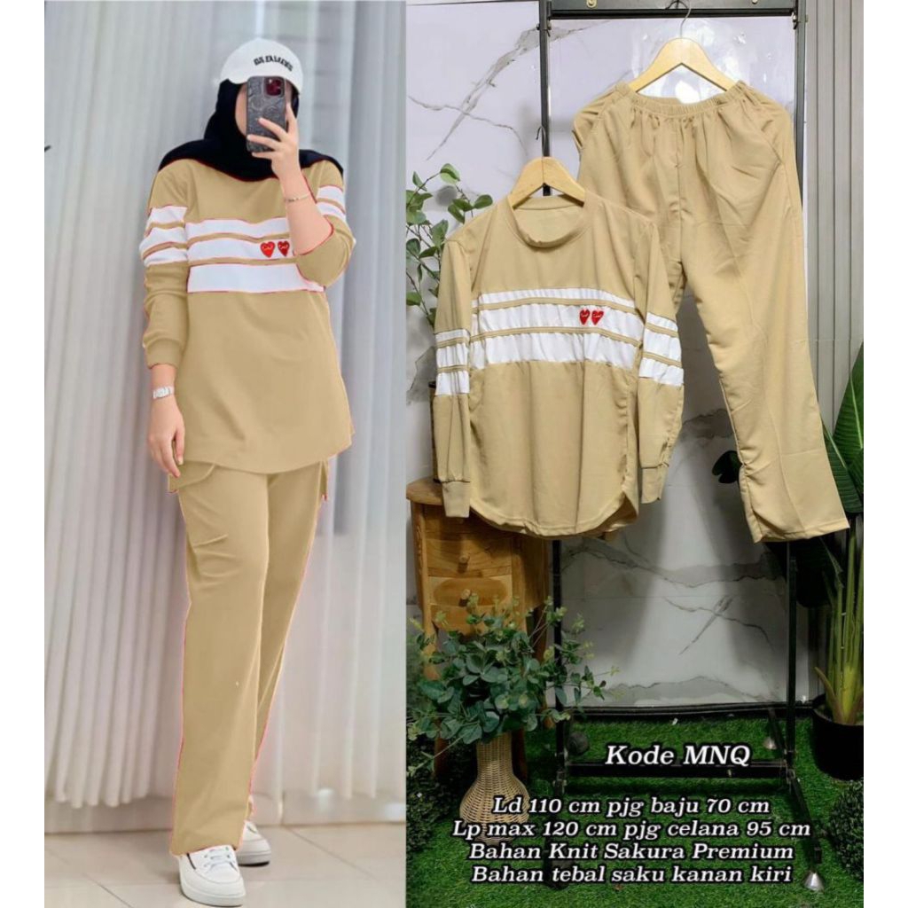 Setelan wanita Stripe Celana Knit atasan Kaos Combed Knit premium. kode MNQ