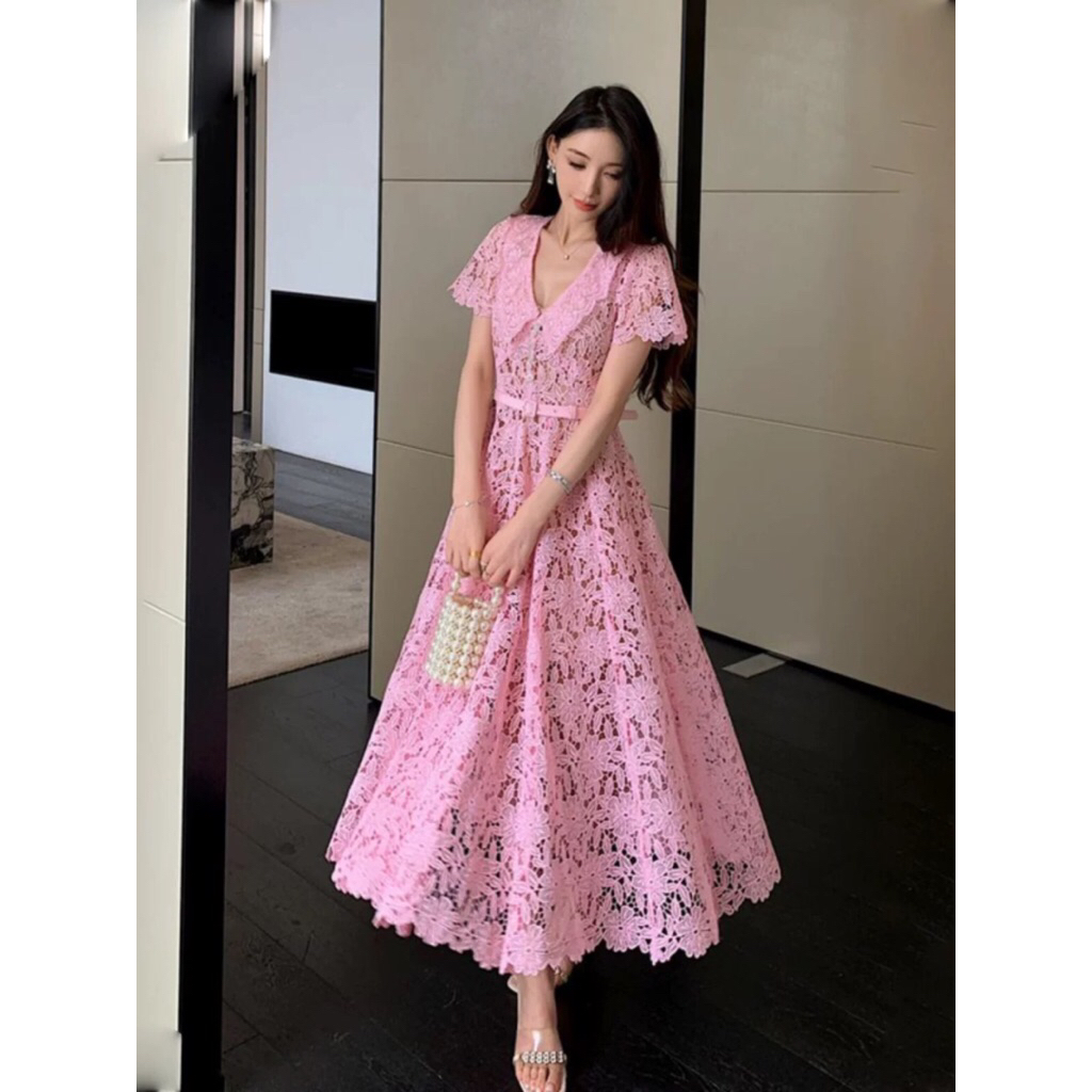 Dress Wanita Brokat Pink Elegan | Dress Midi Lace Premium | Gaun Pesta & Kondangan Dewasa