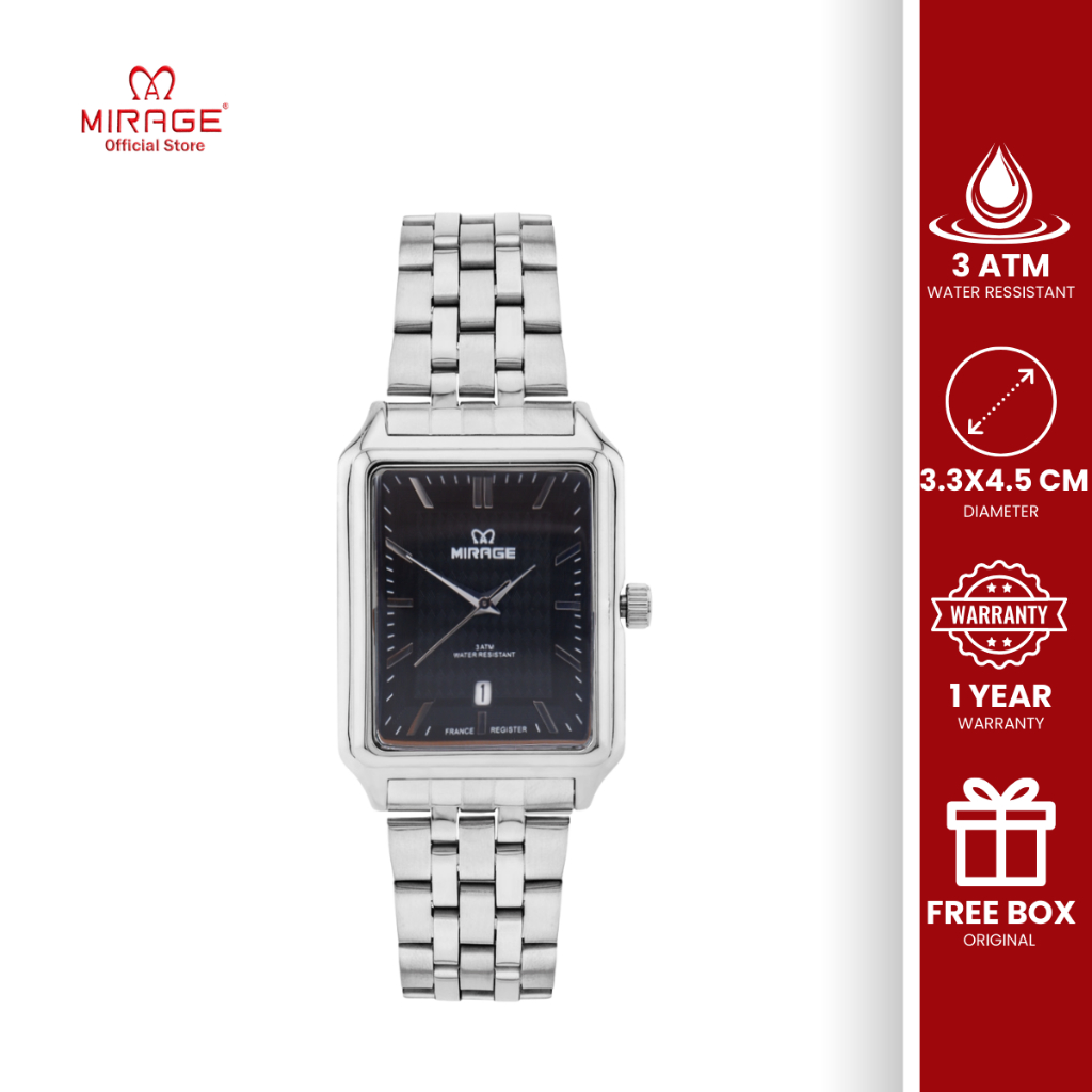 Mirage Jam Tangan Pria Kasual Formal Analog Segi Silver Stainless Anti Air Original 8835 / 8886 M