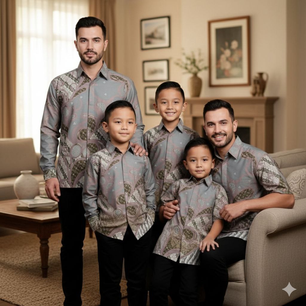 Kemeja Batik Pria Lengan Panjang Pendek Couple Batik Ayah Anak Cowok Motif Mulyo Warna Sage
