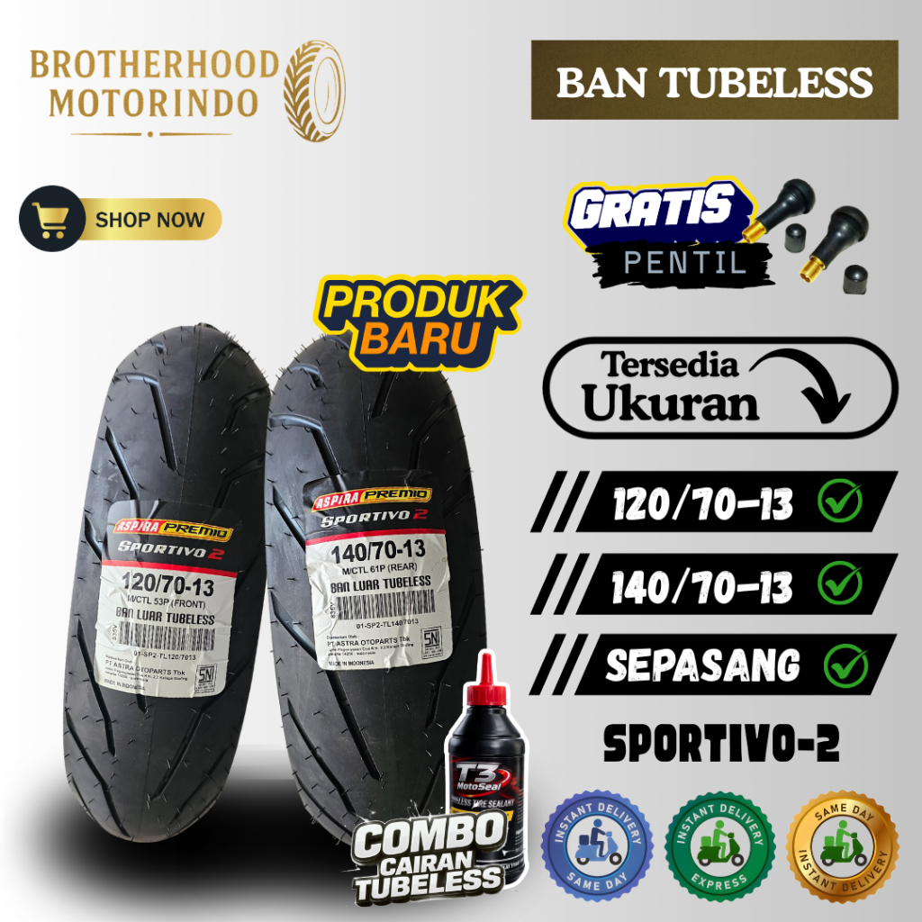 (PAKET SEPASANG) BAN ASPIRA TUBELES SPORTIVO 2 (120/70-13 / 140/70-13) BAN RING 13 / BAN MOTOR MATIC