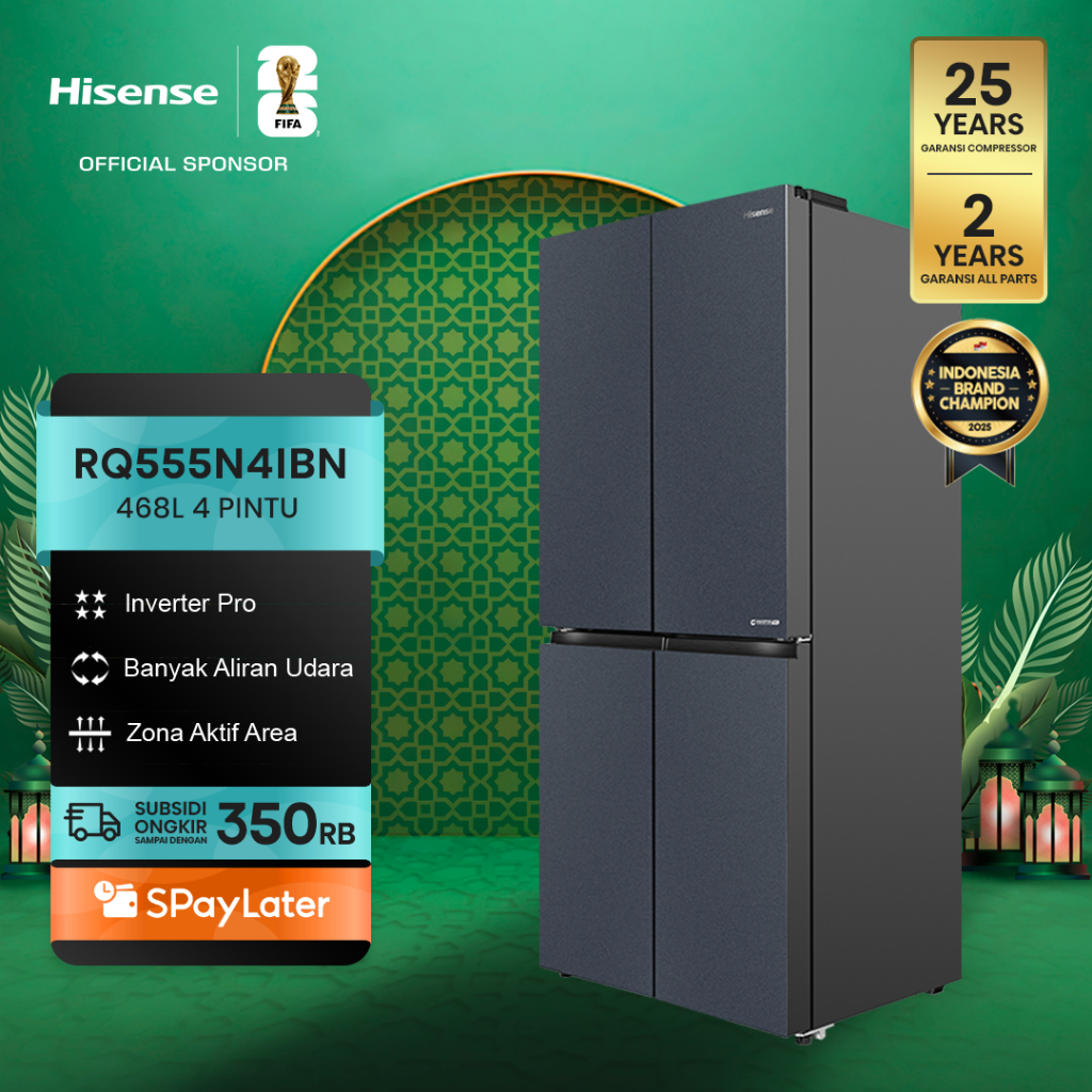 Hisense Kulkas RQ555N4IBN Refrigerator 4 Pintu Kapasitas 468L Warna Hitam Inverter Pro 360 Derajat M