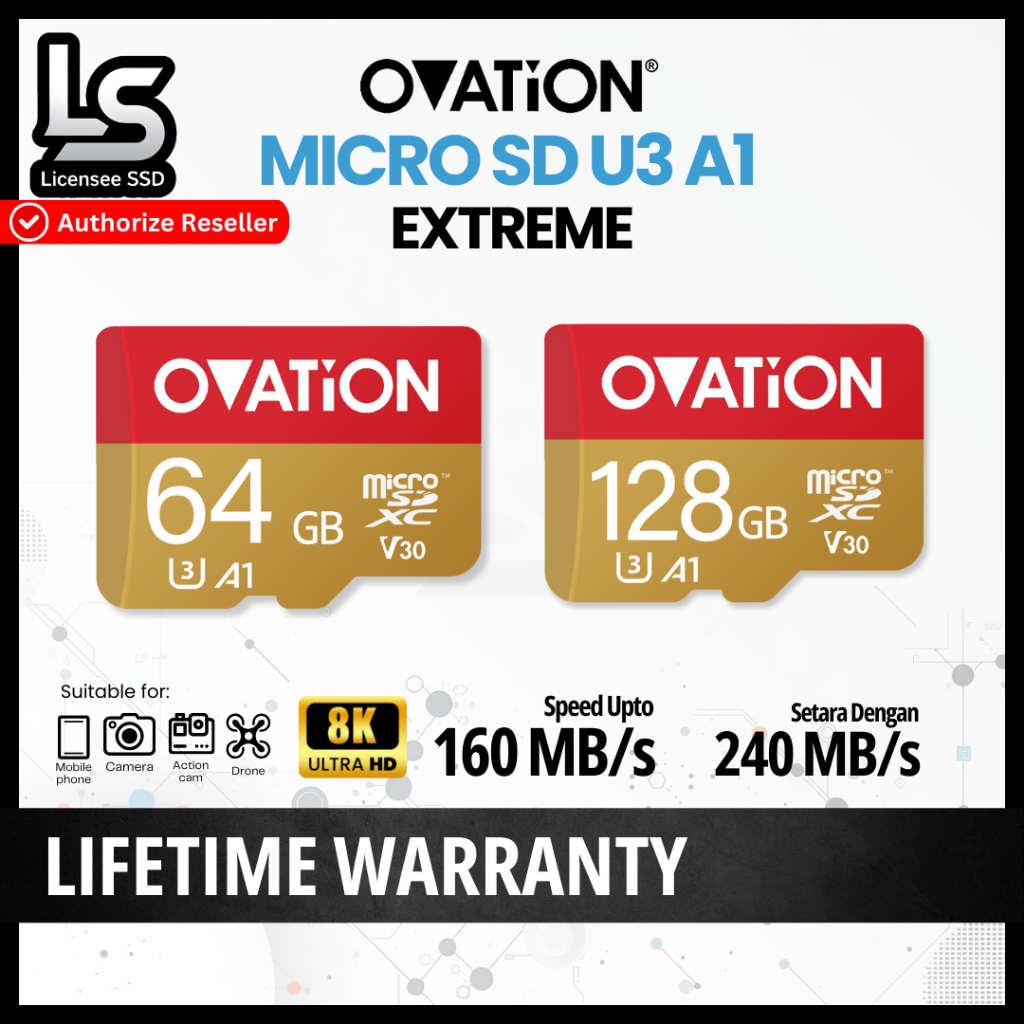 OVATION Micro SD 64GB / 128GB Memory Card Extreme Microsd U3 A1 UHS-I UHS-III UHS I UHS III Kartu Me