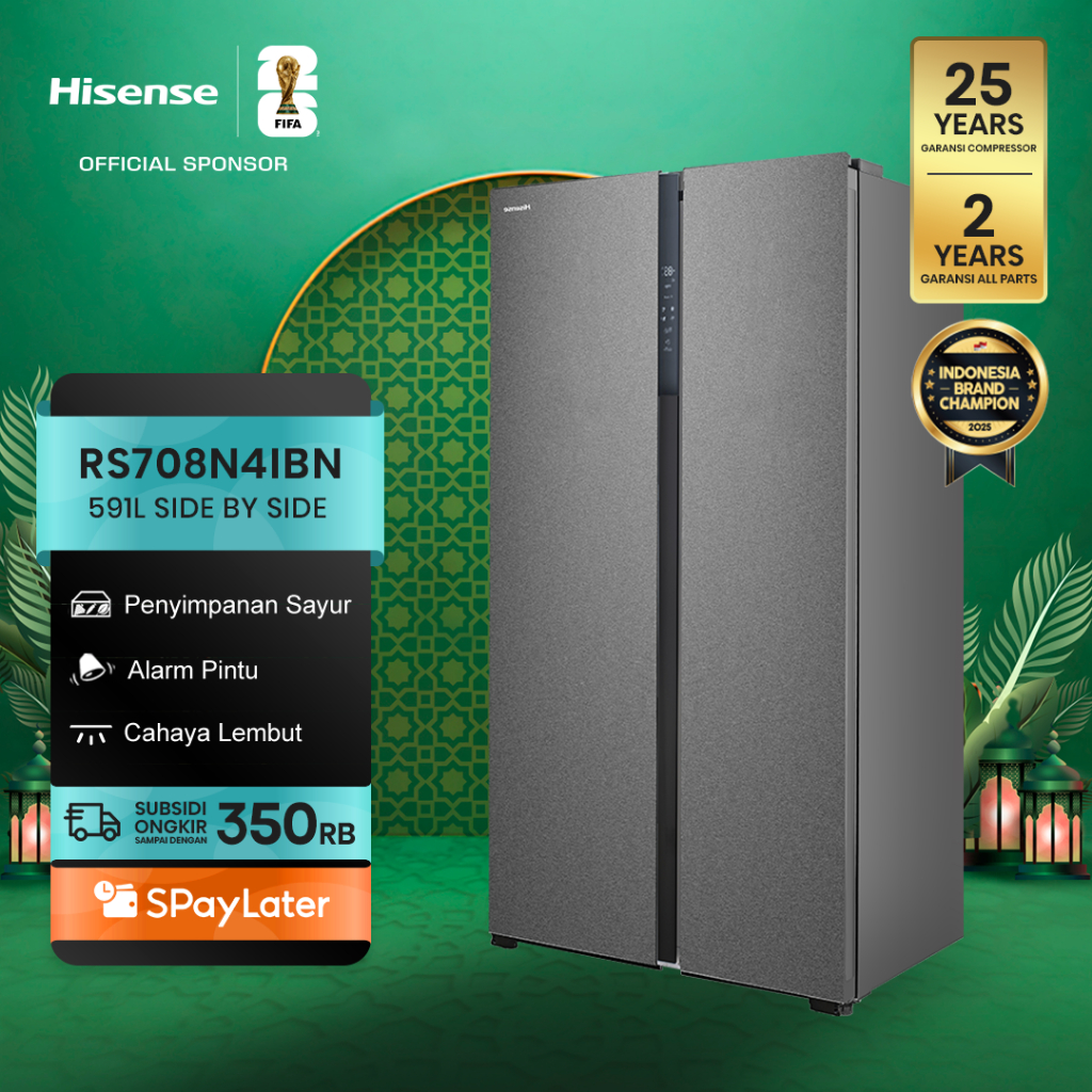 Hisense Kulkas RS708N4IBN Refrigerator Side By Side Kapasitas 591L Warna Hitam Inverter Tanpa Bunga 