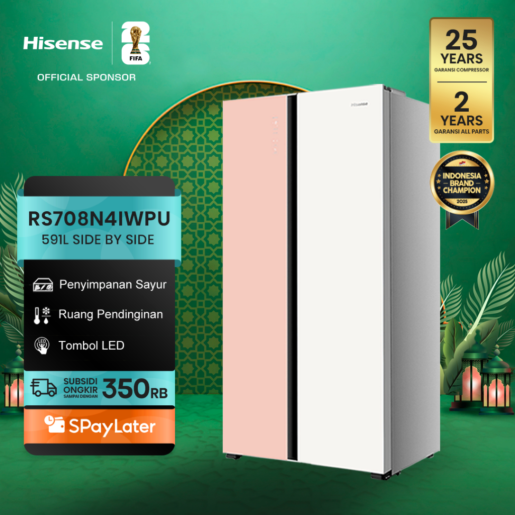 Hisense Kulkas RS708N4IWPU Refrigerator Side By Side Kapasitas 591L Warna Putih Pink Inverter Tanpa 