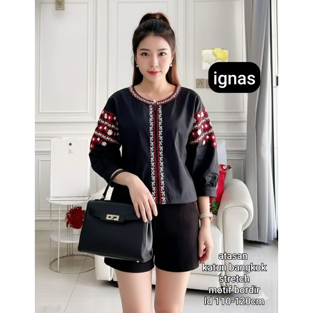 Blus jumbo bahan katun motif bordir Ld 110-120 jumbo