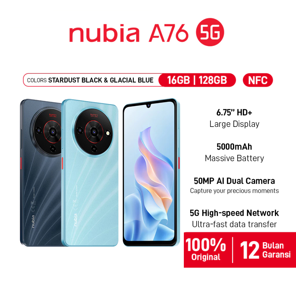 Nubia A76 5G NFC ROM 128GB RAM 16GB (8+8GB) Smartphone Kamera AI 50MP Layar 6.75" 90Hz