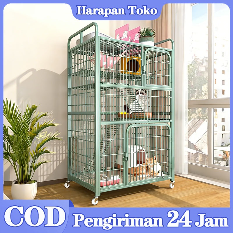 Rumah Kucing Mewah Kandang Kucing Berkapasitas Besar Coated Metal 3/4 Tingkat Emas Portabel