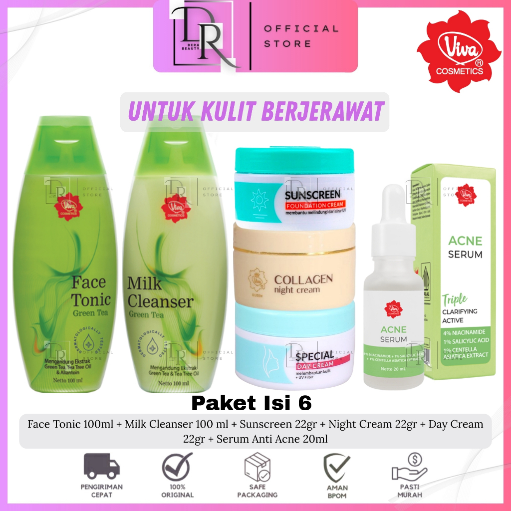 DERA - Paketan 6in1 Viva Cosmetic Skincare Acne Serum Menghilangkan Jerawat Flek Hitam  / Paketan Vi